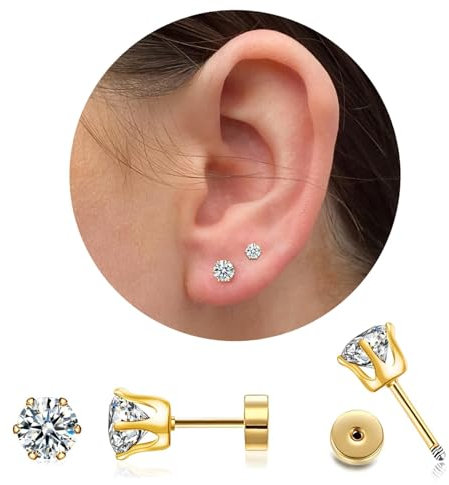 CZ Stud Earrings 14K Gold Stud Earrings,Flat Back Cubic Zirconia Earrings for Helix Cartilage Earlobe Piercing Jewelry | Cartilage Earring | Helix Piercing Jewelry (5MM, GOLD)