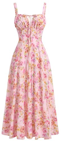 ABEHIK Robe Élégante Floral pour Femme - Dos Nu à Haute avec Dentelle A-Line Bretelles Spaghetti Fendue d'Été Boho pour Photographie Vacance