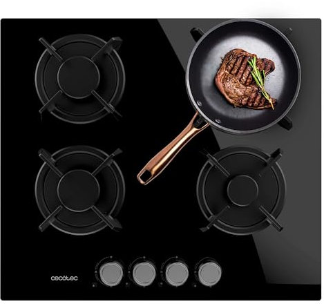 Cecotec Plaque à gaz Bolero Squad G 4200S Glass Black. Plaque à gaz avec 4 feux, finition verre noir, puissance 8000W, grilles individuelles et allumage électrique avec sécurité des vannes.