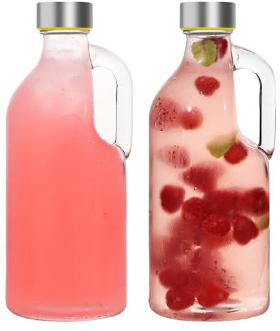 LIMILI Glass Bottles, 1 litre Glass Water Bottle with Stainless Steel Lids, Leak Proof Reusable for Hot Cold Drinks Party Home Kitchen (2PCS - WITH HANDLE)