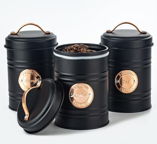 LENAK Tea Coffee Sugar Storage Canister Set - Labelled Containers for Tea Coffee Sugar Tins Jar Sets for Kitchen Accessories & Essentials (Black/Copper, 3 Pieces)