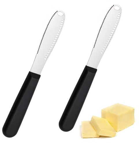 MEKEET Lot de 2 couteaux à beurre noirs à l'ancienne en acier inoxydable, couteau à beurre multifonction 3 en 1 avec poignée antidérapante pour couper et étaler les confitures au beurre et au fromage