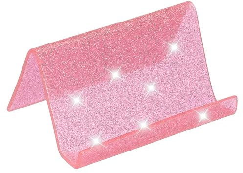 PATIKIL Business Card Holder for Desk, Acrylic Business Card Holders Shine Card Stand Organizer Cards Display for Office Exhibition, Pink