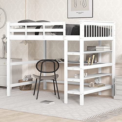 NovaFurnish Cama alta, 140 x 200 cm, cama alta para niños con estantes y escritorio debajo de la cama, sin colchón (blanco, 140 x 200 cm)