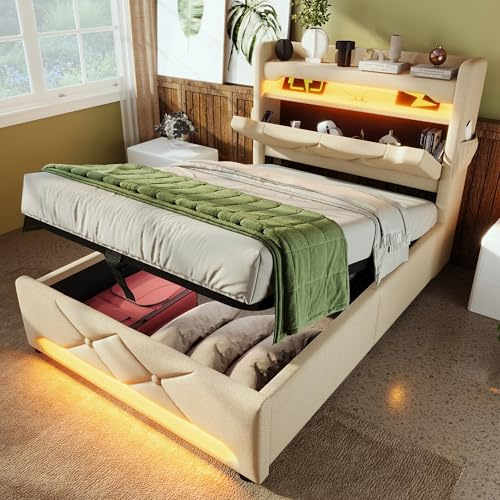 ECLIVON Cama Tapizada 90x200 con LED y USB TipoC, Camas Individual Cama Juveniles con Espacio de Almacenamiento Hidráulico y Cabecero Almacenaje, Camas con Somier y Láminas, Lino, Sin Colchón, Beige