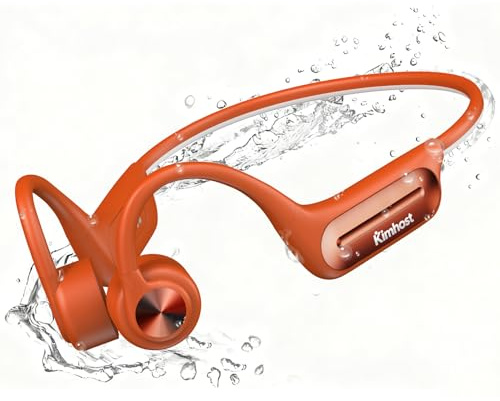 KIM HOST Bone Conduction Headphones, Open Ear Headphones with MP3 Mode 32GB, 10Hrs Playtime IP68 Waterproof Swimming Headphones Secure Fit for Running, Cycling, Work, Gift（Orange）