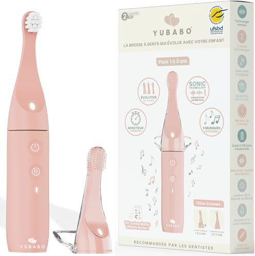 YUBABO – Elektrische Kinderzahnbürste mit Musik und Baby-Modus – 2 Schallmodi – 100 Tage Akkulaufzeit – 2-Minuten-Timer – 101 Aufkleber – Von Zahnärzten empfohlen – 1 bis 3 Jahre – Rosa