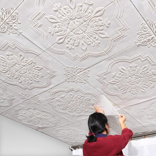 RENLXFI Pannelli Soffitto Boiserie Parete Rivestimento Impermeabile per Pannelli A Parete, Carta da Parati in Schiuma da Incollare su Piastrelle per Soffitto, Motivo Bianco(20 Pack)