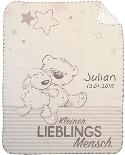 Wolimbo Duo Babydecke mit Namen - Motiv Kleiner Lieblingsmensch - Lammfell Optik - 75x100cm