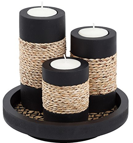 IYARA CRAFT Tealight Candle Holders with Tray – Set of 3 Rustic Black Wooden Candle Holders with Natural Rope Accent, Cozy Centerpiece for Romantic Dinner Table Decor, Anniversary & Housewarming Gifts