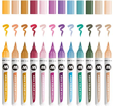 Molotow Aqua Color Brush (Brush Pen Marker Basic-Set 2, Pinsel Spitze für Aquarellieren und Handlettering) 12 Stück sortiert