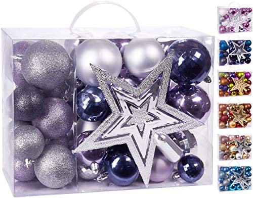 BRUBAKER 50-teiliges Set Weihnachtskugeln mit Baumspitze - Christbaumschmuck aus Kunststoff in Lila Silber