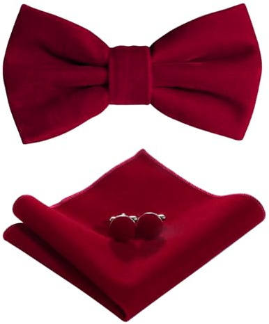 HOULIFE Bow Tie Set for Men – Adjustable Velvet Pre-tied Bowtie, Solid Colour Pocket Square, Cufflinks Set for Groom Wedding Party Formal with Gift Box, Burgundy