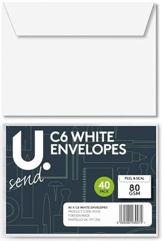 BG Peel & Seal White Envelopes 16x11.5cm, C6 Size 70gsm - Pack of 40