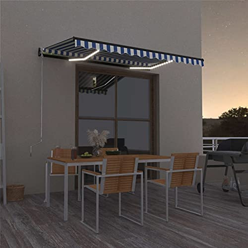 Gelenkarmmarkise Einziehbar, JUNZAI Sichtschutz Balkon, Seitenmarkise, Balkon Markise, Klemmmarkise, Sonnenvorhang, Balkonmarkisen, 350x250 cm Blau und Weiß