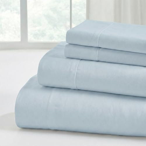 Modern Threads Soft Microfiber Solid Sheets - Luxurious Microfiber Bed Sheets - Includes Flat Sheet, Fitted Sheet with Deep Pockets, & Pillowcases Blue Mist Queen