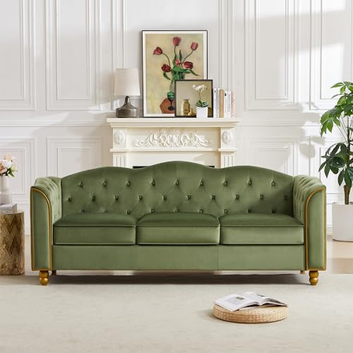 HITHOS 78 Velvet Sofa Couch, Soft 3 Seater Sofa Couche for Living Room, Button Tufted Comfy Couch Modern Sofa with Upholstered Cushion, Gold Trim, Solid Wood Legs for Dorm Bedroom Apartment, Green
