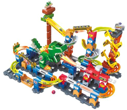 VTech - Marble Rush, Circuit à Billes Électronique Dino Adventure Magnetic Set XL400E, Jeu de Construction Magnétique Dinosaure, 100 Pièces, 10 Billes, Cadeau Enfant Dès 4 Ans - Contenu en Français