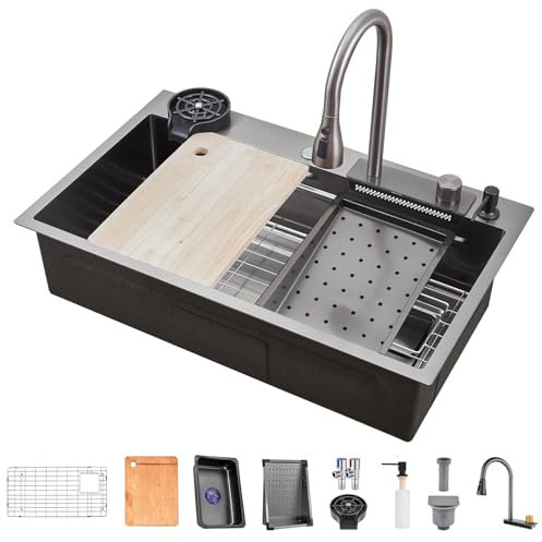 FGNIXLN Fregadero de cocina en cascada, fregadero de acero inoxidable T304, 81 x 50 cm, fregadero de cocina multifuncional, fregadero empotrado, fregadero con grifo multifuncional y varios accesorios