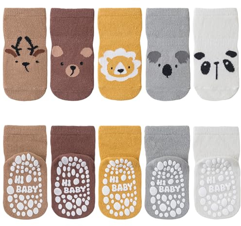SockWaddles Calcetines Antideslizantes Niño 5 Pares – Calcetines Bebé Algodón Transpirable, ABS para Gatear, Diseño Animales, Niños y Niñas, Diseño de panda, 3-5 Jahre