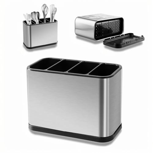 PTJJXA Porte Ustensile Cuisine Inox 18x13x8,6cm, Égouttoir à Couverts avec 4 Compartiments, Récipient à Ustensiles avec Base Anti-Glissement, Organisateur pour Cuillère, Fourchette, Couteau