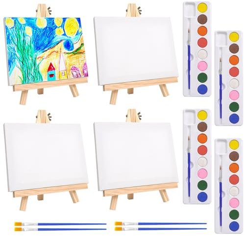4PCS 18x24cm Caballete Con 15x20cm Lienzos, Caballetes Y Lienzo Con 8 Pinceles Para Dibujar, 4 Bandejas De Pintura SóLida De 8 Colores, Pintura Set Caballete De Pintura Para Aficionados Artistas
