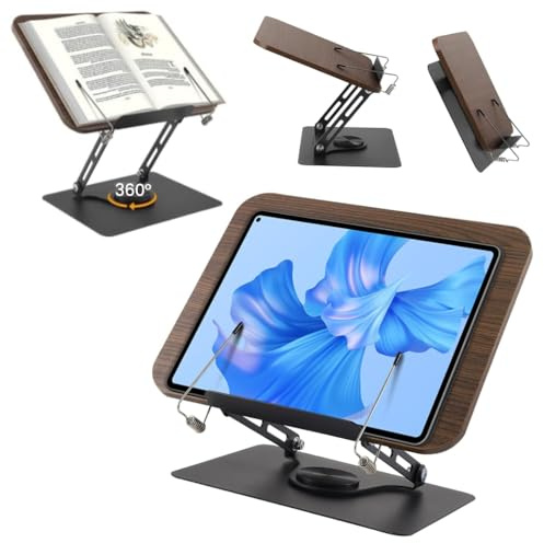 Book Stand for Reading,Adjustable Book Holder with 360° Swivel Base,Foldable Cookbook Stand Recipe with Elastic Page Clips for Home,Kitchen,Reading Accessories for Recipe,Music Scores,Magazine,Tablet