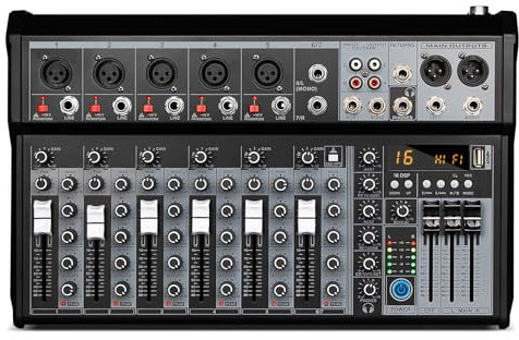 Depusheng Mixer audio professionale, sistema di mixer audio a 4 canali, mixer Bluetooth DSP-DJ a 16 bit + effetto phantom 48 V per registrazioni in streaming karaoke (XT7 EU)
