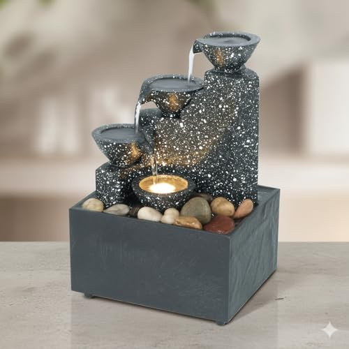 Tabletop Fountain, 3 Tier Light Up Indoor Desktop Water Fountain & River Rocks, Soothing Sound Zen Meditation Waterfall Fountain for Home/Office Decor, Living Room