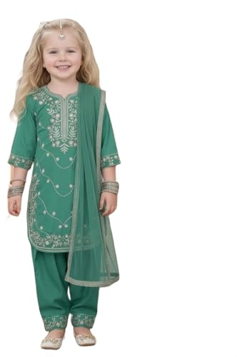 A.T.U.N. (ALL THINGS UBER NICE) Elegant Embroidered Heavy Thread Work 3 Piece Salwar Suit Set with Dupatta for Girls | Traditional Festive Ethnic Wear Party Outfit, Turquoise, 10-11 Y