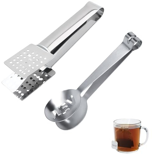 DAQUN Tea Bag Squeezer Tool Set, 2 Stainless Steel Tongs with Square & Round Head, Teabag Strainer Clip for Easy Extraction