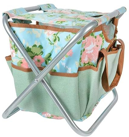 Esschert Garden Tool Storage Stool and Detachable Bag with Multiple Pockets Portable Weeding Seat Floral Rose