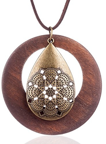 COOSTUFF ANNA Womens Pendant Necklace Wood Handmade Jewelry Long Rope Sweater Necklace for Woman (0U-RN5M-KX32)