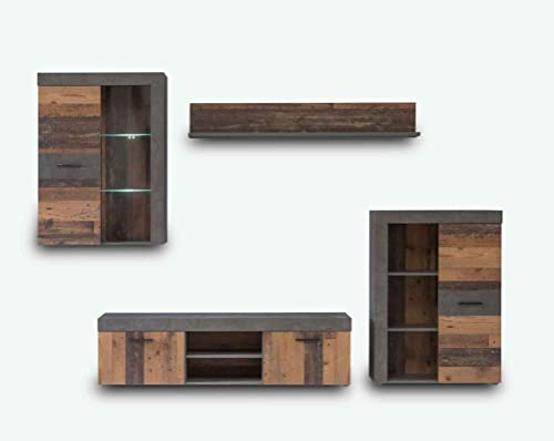 AVANTI TRENDSTORE- Flavia -Parete da soggiorno in legno laminato in grigio cemento scuro e Old-Wood vintage. Parete attrezzata per soggiorno, taglia media.