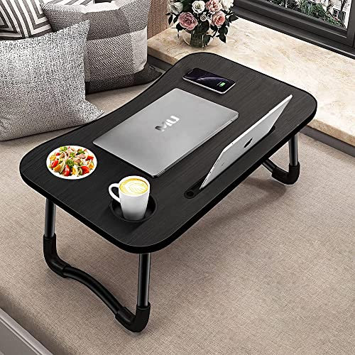 Tavolo Pieghevole e Tavolino da Letto 55.5x32x25cm - Vassoio da Portata con Leggio e Portabicchieri, 5 Posizioni Inclinazione, Supporto PC 15.6 fino a 20kg (Nero)