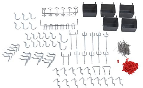 Storage hooks, 114 pieces. Stainless steel perforated wall hook. Used a lot in the garage.