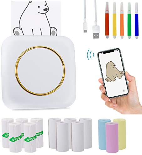Mini Thermal Printer,Bluetooth Sticker Printer with 13 Self-Adhesive Thermal Paper,19 Pcs Wireless Inkless Printer,Note Pocket Label Sticker Maker for Phone