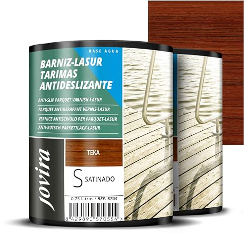 JOVIRA PINTURAS BARNIZ-LASUR Protector Antideslizante Tarimas al Agua. Protege, decora y embellece tarimas de piscinas y jardines. (2X750 Mililitros, Teka) F-25-2