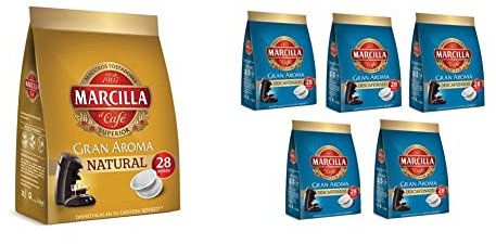 Marcilla Café Natural para máquina Senseo - 5 paquetes de 28 monodosis (Total 140 monodosis) & monodosis GRAN AROMA DESCAFEINADO - [Pack de 5]