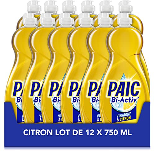PAIC - Liquide Vaisselle Main BI-ACTIV' Vinaigre & Sel Minéral - Nettoie - Dégraisse - Lot de 12 flacons de 750mL