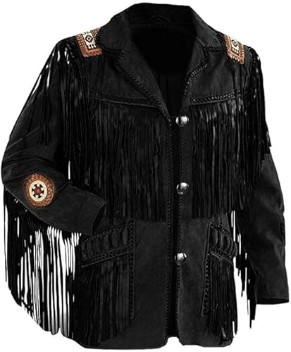 Fami Sports Chaqueta tradicional vaquera occidental de piel de ante con flecos y cuentas para hombre