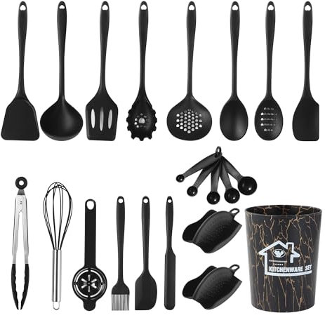 22 Pezzi Utensili da Cucina,Utensili da Cucina in Silicone,Resistente Alle Alte Temperature, con Secchio Portaoggetti, Sano e Antiaderente, Lavabile in Lavastoviglie (Nero)