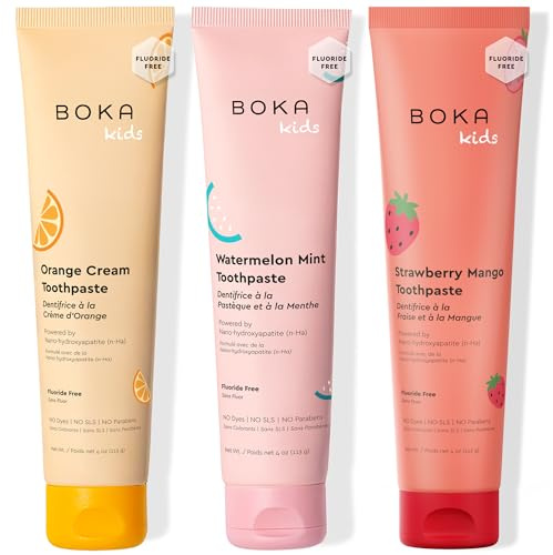 Boka Fluoride Free Toothpaste Nano Hydroxyapatite Toothpaste - Orange Cream, Watermelon Mint, Strawberry Mango Flavor, 4 oz 3Pk US Manufactured