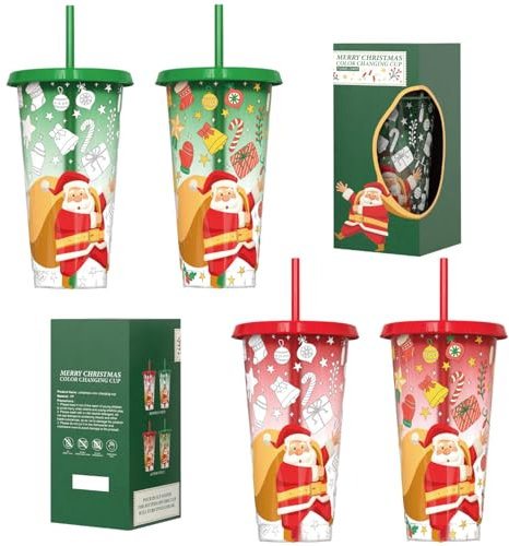 TSLBW Colour Changing Cup 4 Pcs Plastic Christmas Cups Reusable Travel Tumblers with Lids and Straws Iced Coffee Cup Cold Water Drink Change Cups, 710ml