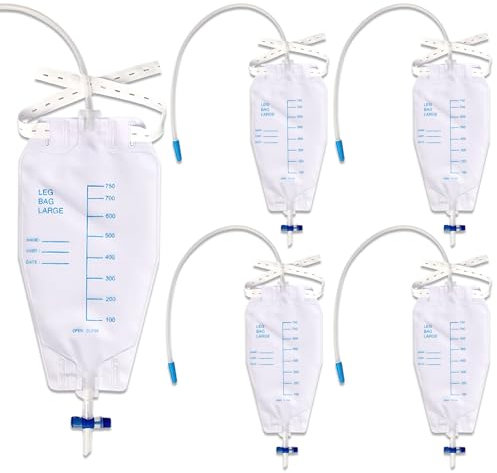 BORISCA 5 Bolsas de Orina de 750 ml para Las Piernas, Bolsa Sonda Vesical Pierna con 2Cintas de Tela, Tubo de 60 cm de Longitud y Válvula Antirreflujo, Bolsa de Urinario Catéter Pierna