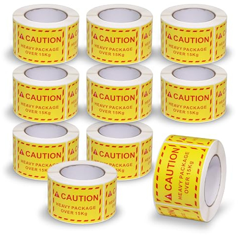 BETCKEY - 10 Rolls Yellow Package Warning Sticker, 70mm x 100mm, 5000 Labels Using for Heavy Package Over 15Kg