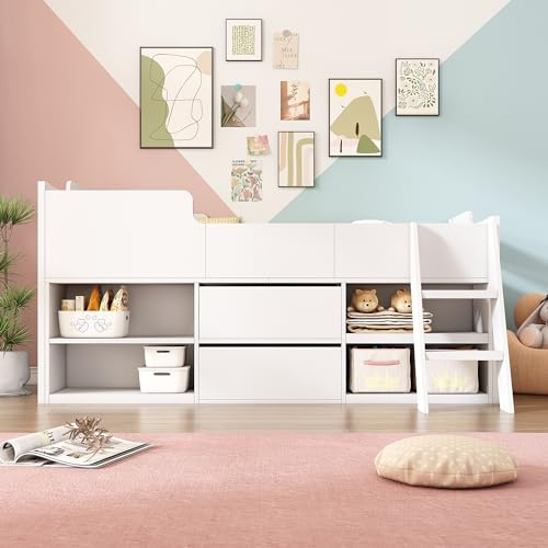 Merax Children's Mid Sleeper Cabin Bed Frame, with Drawers Shelf Storage, Low Sleeper Bed 3ft Single kids Bed - 90 x 190 cm