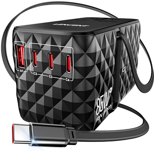 LENCENT 85W Adattatore Universale da Viaggio con Cavo USB C Retrattile, GaN Presa Internazionale con 1 USB-A e 3 Type-C Ricarica Rapida, Adattatore Spina Mondiale per IT a EU UK USA AUS, Tipo C/G/A/I