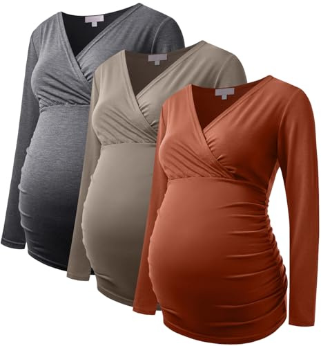 Maternity Shirt Long Sleeve Top Wrap V Neck Blouse Cross Over Nursing Tshirt, Dark Grey /Coffee /Caramel, XXL