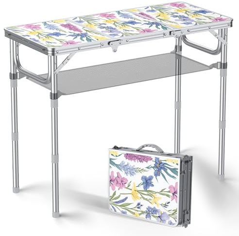 Anbte Tavolo Pieghevole da Esterno con Motivo Decorativo, Altezza Regolabile a 70 cm, Piano in MDF Facile da Pulire, Leggero e Stabile per Giardin/Campeggio/Picnic (87 * 40 * 70)